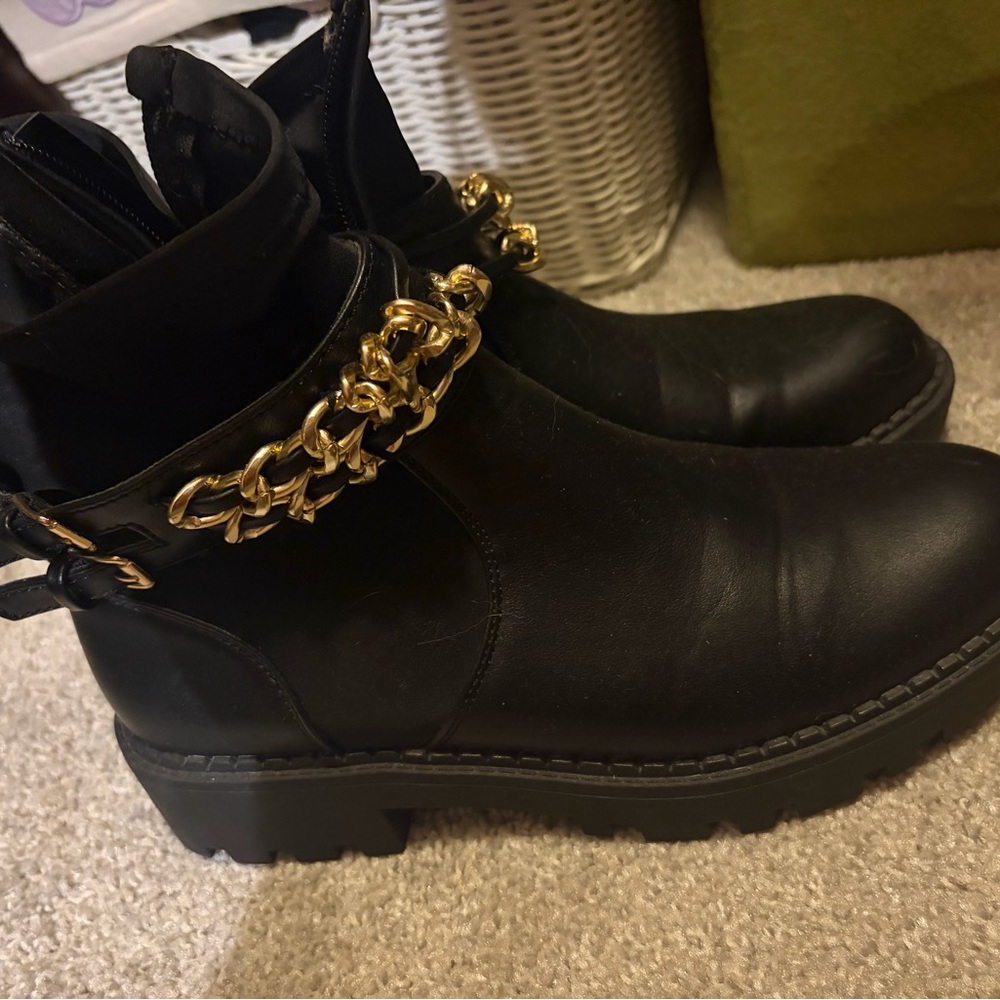 Stylish Black Ankle Boots with Gold Chain